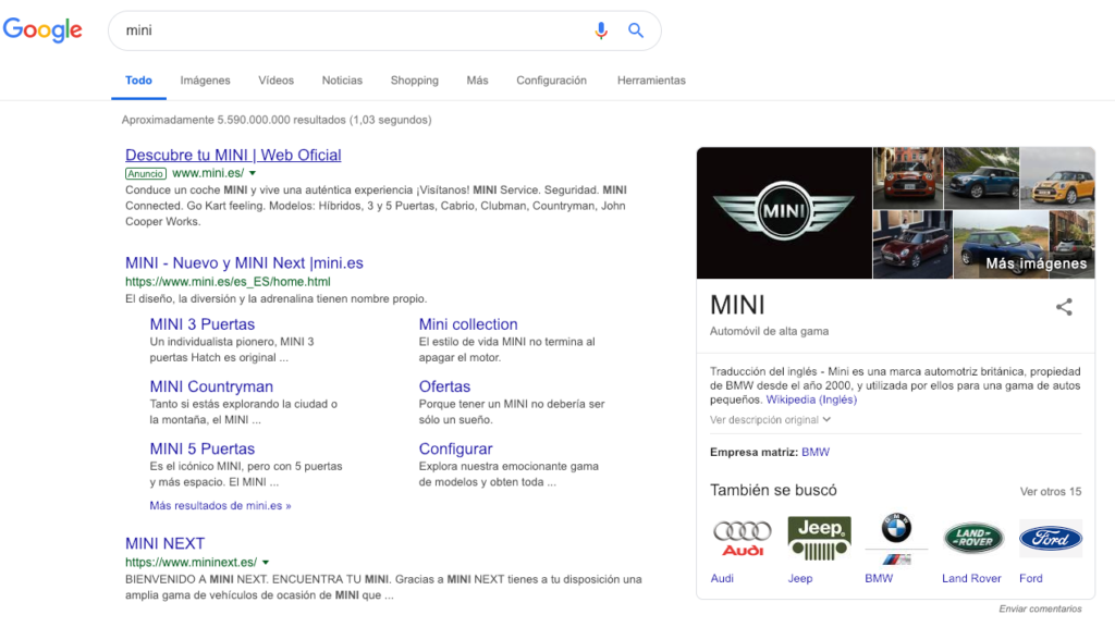 resultado búsqueda en Google Keyword MINI