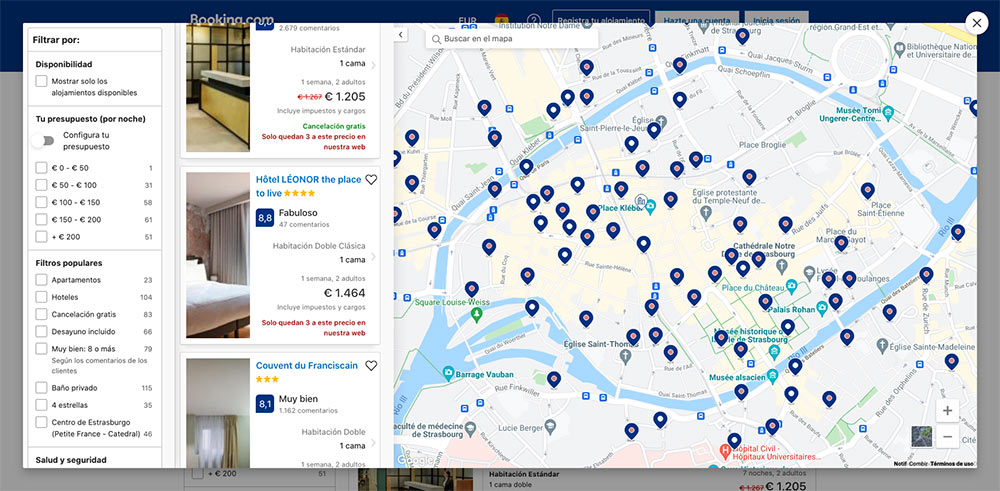 mapa de alojamientos turísticos en booking.com